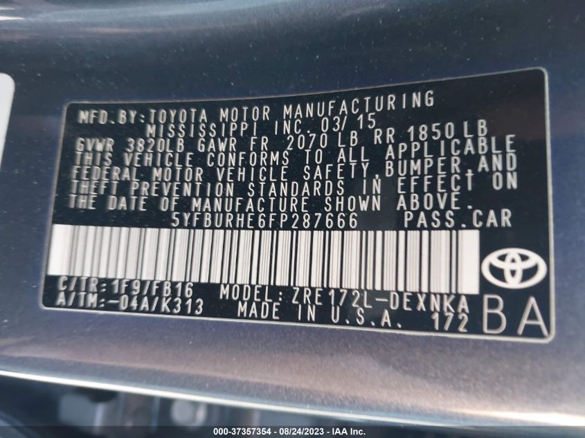2015 TOYOTA COROLLA L/LE/S/S PLUS/LE PLUS - 5YFBURHE6FP287666