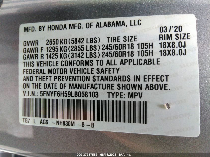 2020 HONDA PILOT EX-L - 5FNYF6H59LB058103