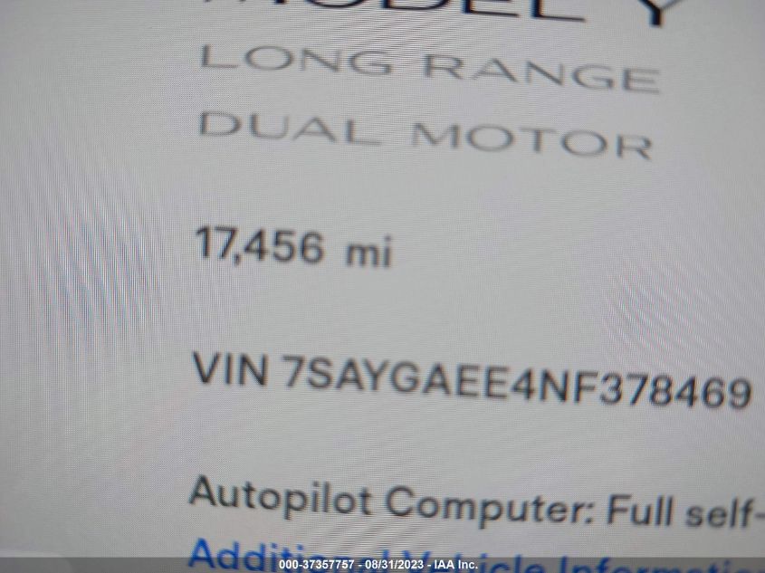 2022 TESLA MODEL Y LONG RANGE - 7SAYGAEE4NF378469