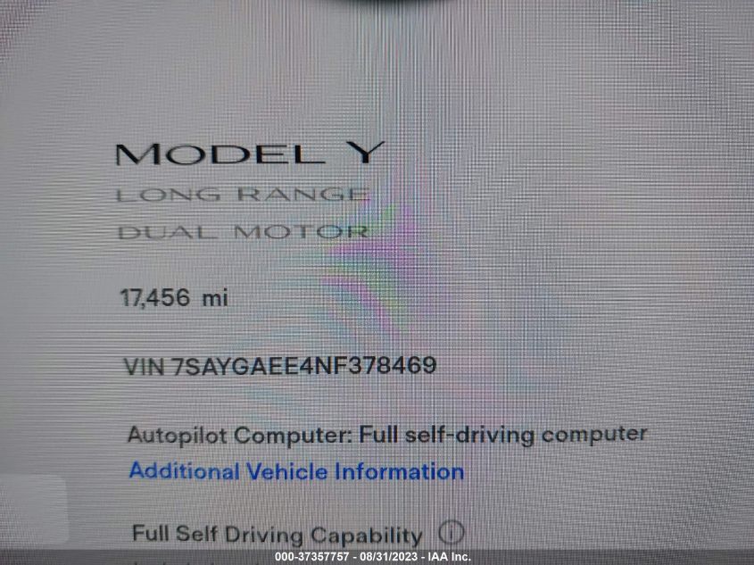 2022 TESLA MODEL Y LONG RANGE - 7SAYGAEE4NF378469
