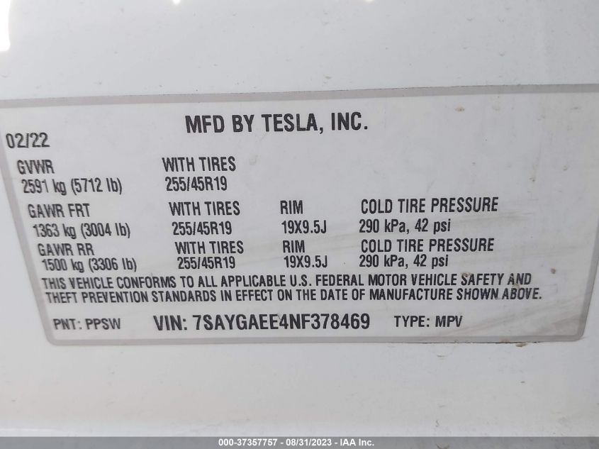 2022 TESLA MODEL Y LONG RANGE - 7SAYGAEE4NF378469