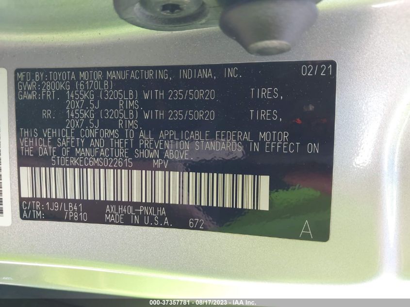 2021 TOYOTA SIENNA LIMITED/PLATINUM - 5TDERKEC6MS022615