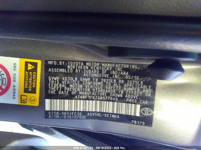 2016 TOYOTA CAMRY LE/XLE/SE/XSE - 4T4BF1FK7GR577649
