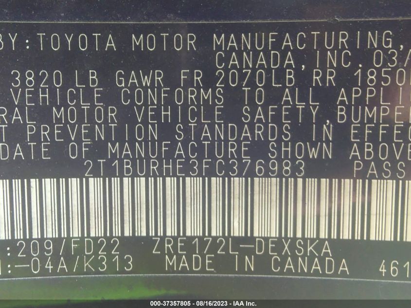 2015 TOYOTA COROLLA L/LE/S/S PLUS/LE PLUS - 2T1BURHE3FC376983