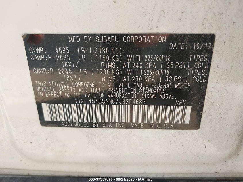VIN 4S4BSANC7J3254683 2018 SUBARU OUTBACK LIMITED