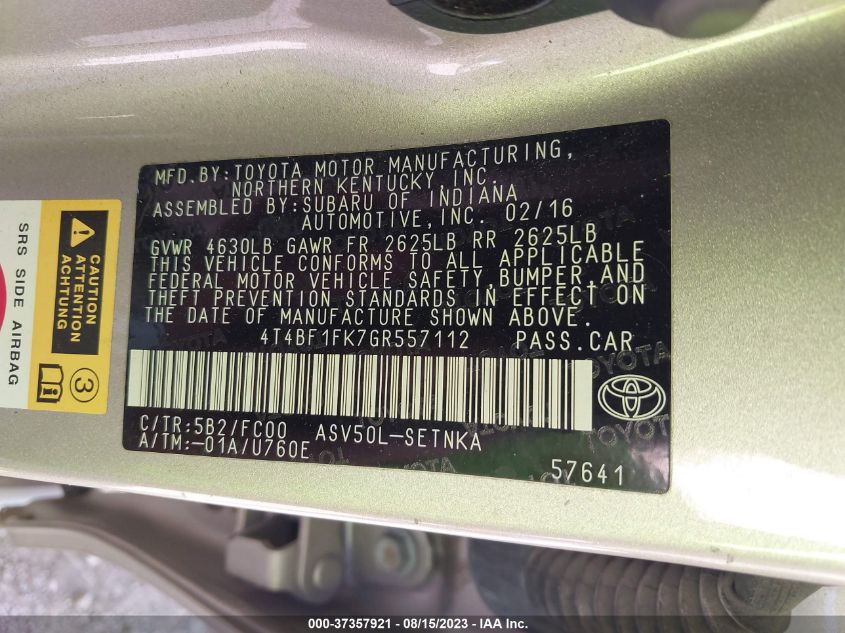 2016 TOYOTA CAMRY XLE/SE/LE/XSE - 4T4BF1FK7GR557112