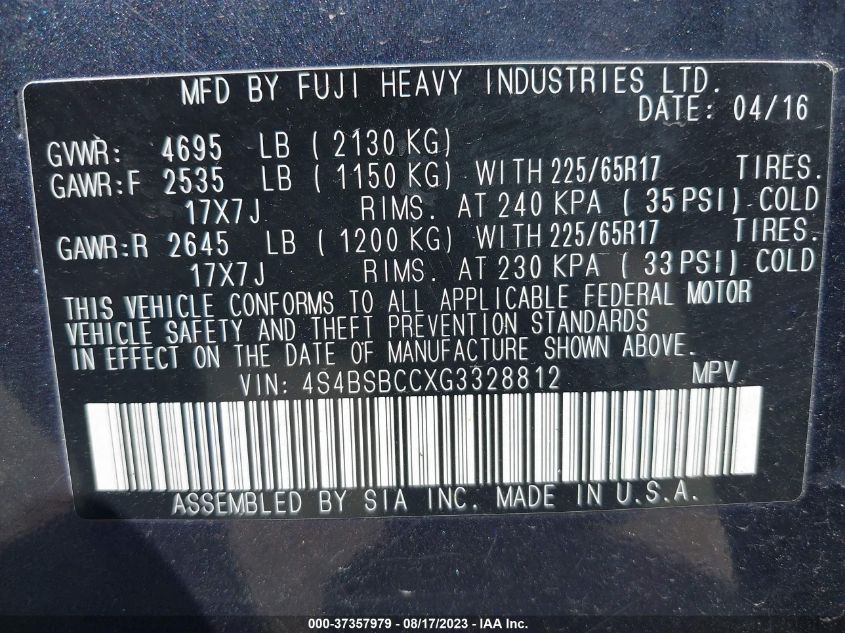 2016 SUBARU OUTBACK 2.5I PREMIUM - 4S4BSBCCXG3328812