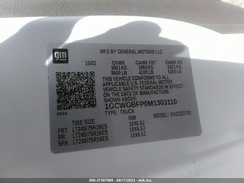 2021 CHEVROLET EXPRESS CARGO VAN - 1GCWGBFP0M1303110