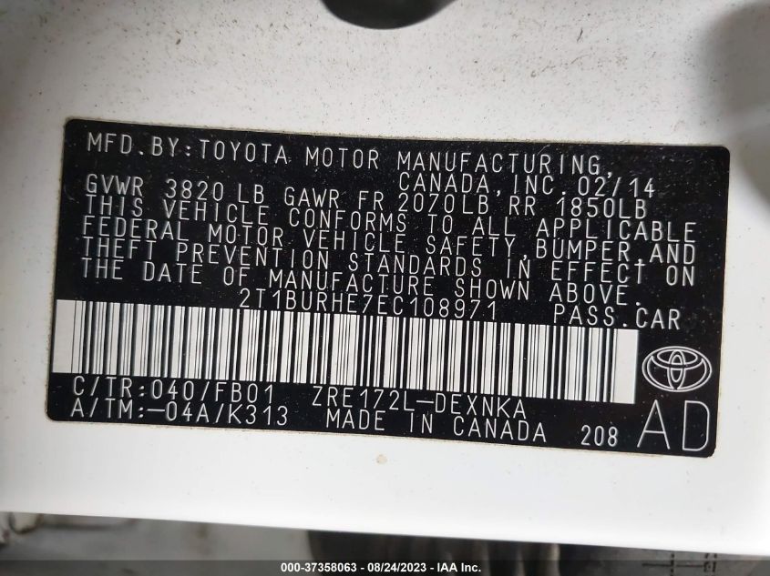 2014 TOYOTA COROLLA L/LE/S/S PLUS/LE PLUS - 2T1BURHE7EC108971