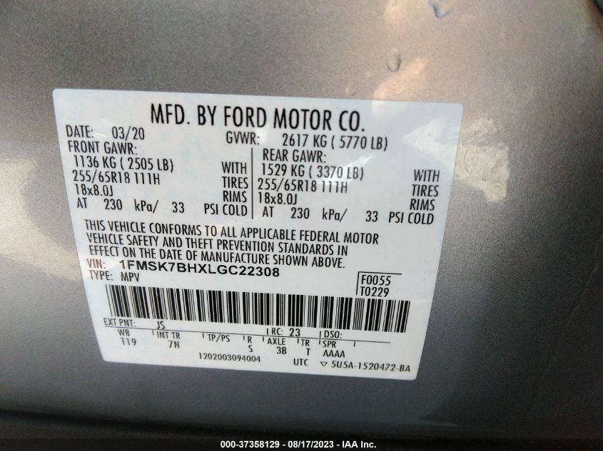 2020 FORD EXPLORER BASE - 1FMSK7BHXLGC22308