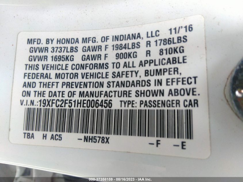 2017 HONDA CIVIC SEDAN LX - 19XFC2F51HE006456