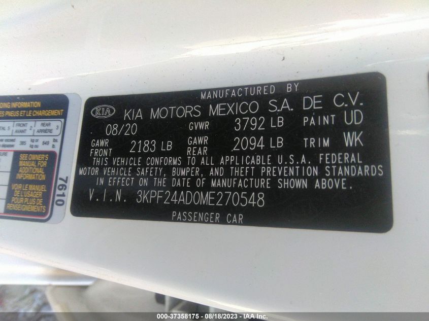 2021 KIA FORTE LXS - 3KPF24AD0ME270548