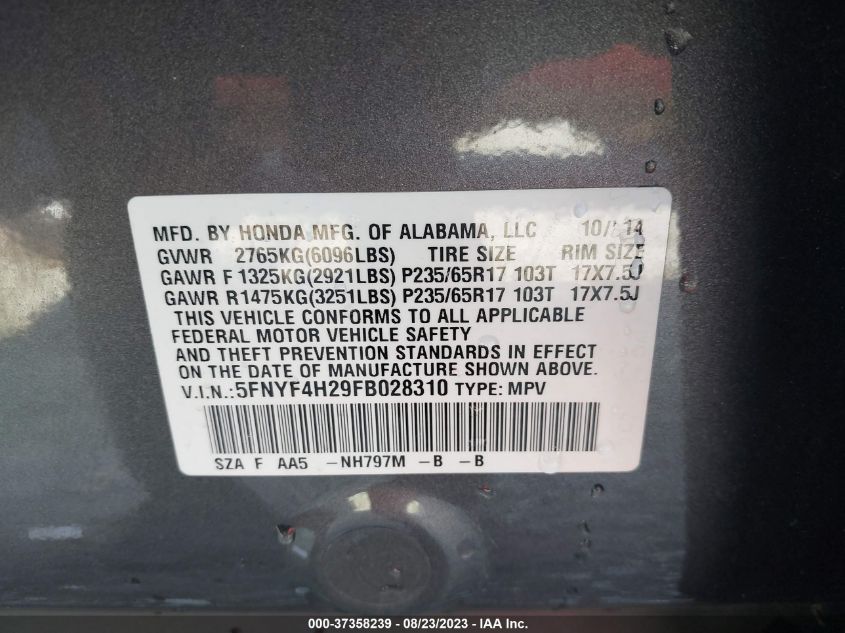 2015 HONDA PILOT LX - 5FNYF4H29FB028310