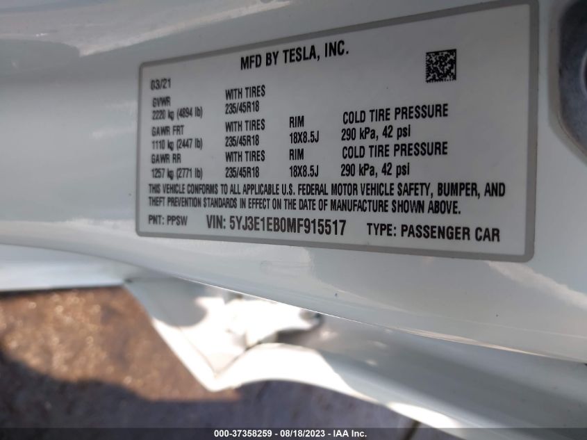 2021 TESLA MODEL 3 LONG RANGE - 5YJ3E1EB0MF915517