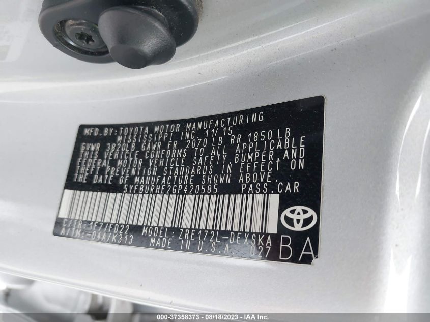 2016 TOYOTA COROLLA L/LE/S/S PLUS/LE PLUS - 5YFBURHE2GP420585