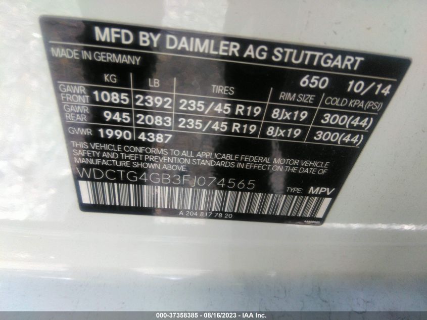 2015 MERCEDES-BENZ GLA-CLASS GLA 250 WDCTG4GB3FJ074565