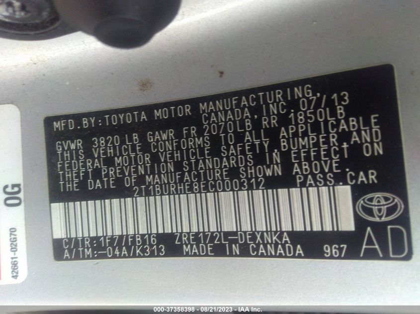 2014 TOYOTA COROLLA L/LE/S/S PLUS/LE PLUS - 2T1BURHE8EC000312