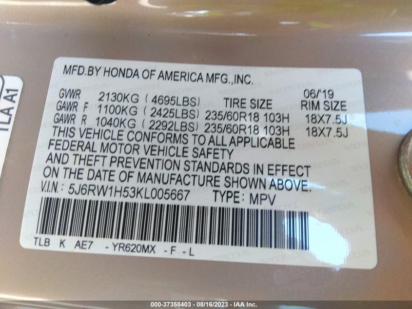 VIN 5J6RW1H53KL005667 2019 HONDA CR-V EX