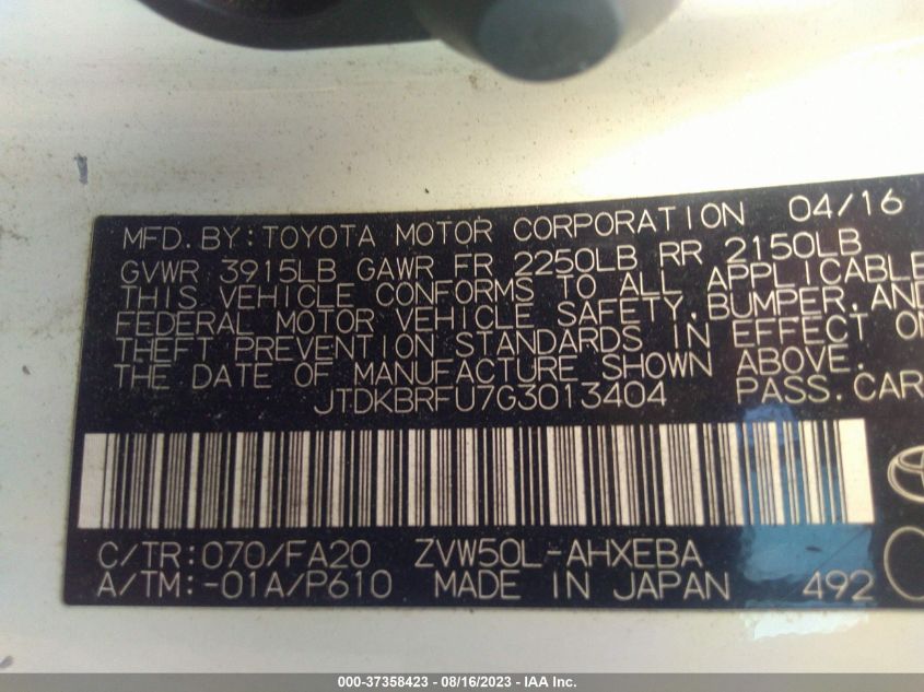 2016 TOYOTA PRIUS TWO - JTDKBRFU7G3013404