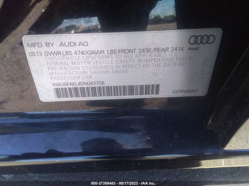2013 AUDI A4 PREMIUM - WAUAFAFL4DN043708