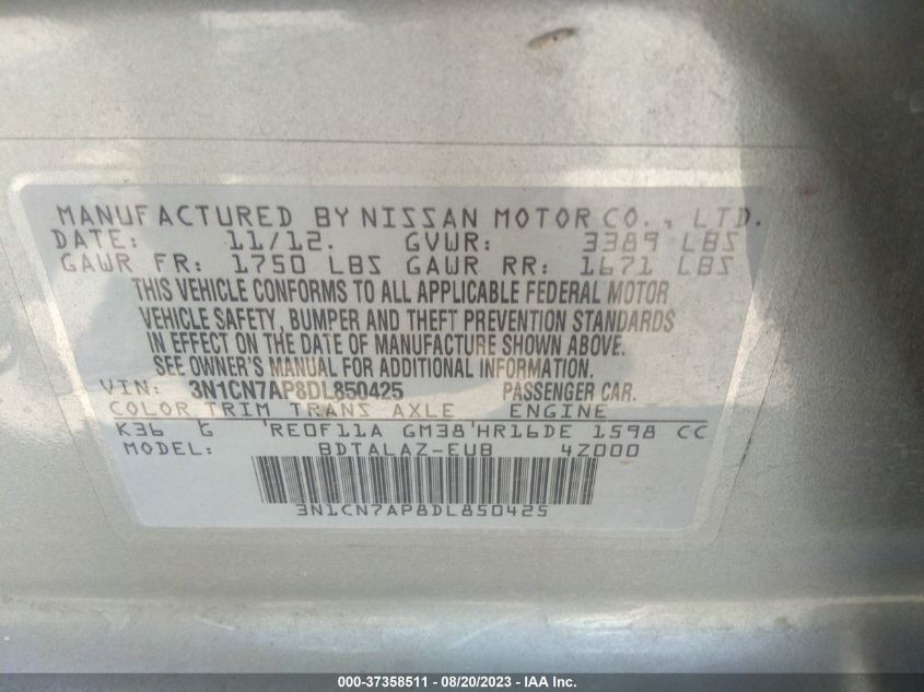 2013 NISSAN VERSA S PLUS - 3N1CN7AP8DL850425
