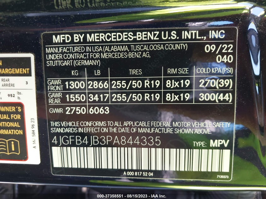 VIN 4JGFB4JB3PA844335 2023 MERCEDES-BENZ GLE GLE 350