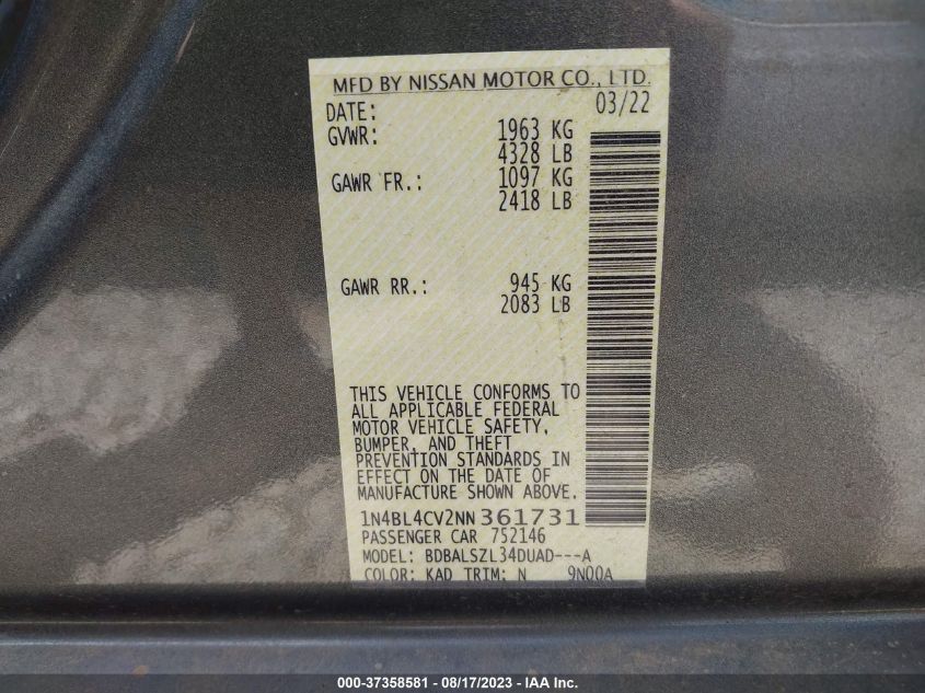 2022 NISSAN ALTIMA 2.5 SR - 1N4BL4CV2NN361731
