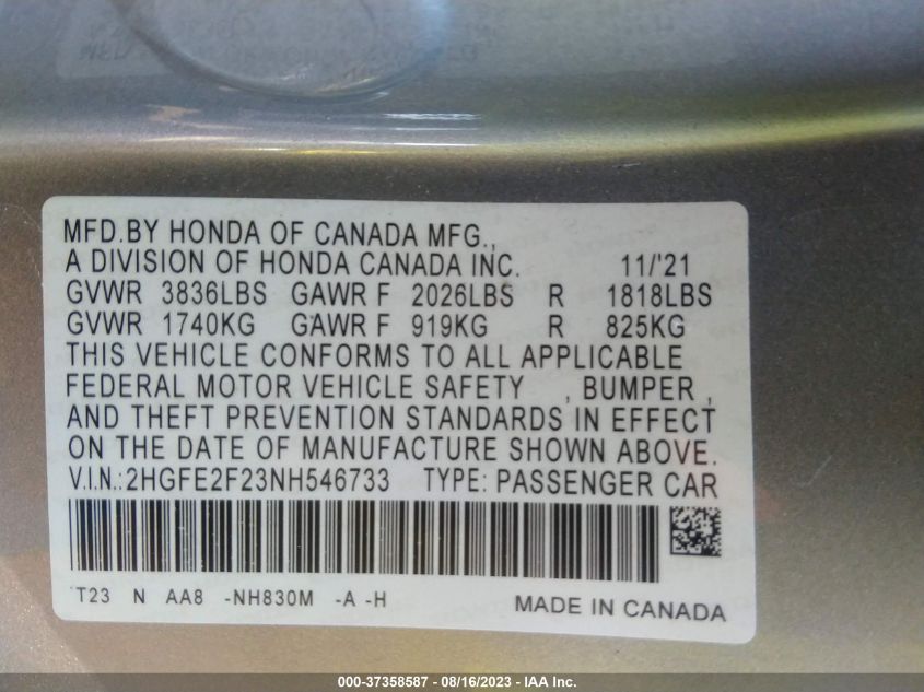 2022 HONDA CIVIC SEDAN LX - 2HGFE2F23NH546733