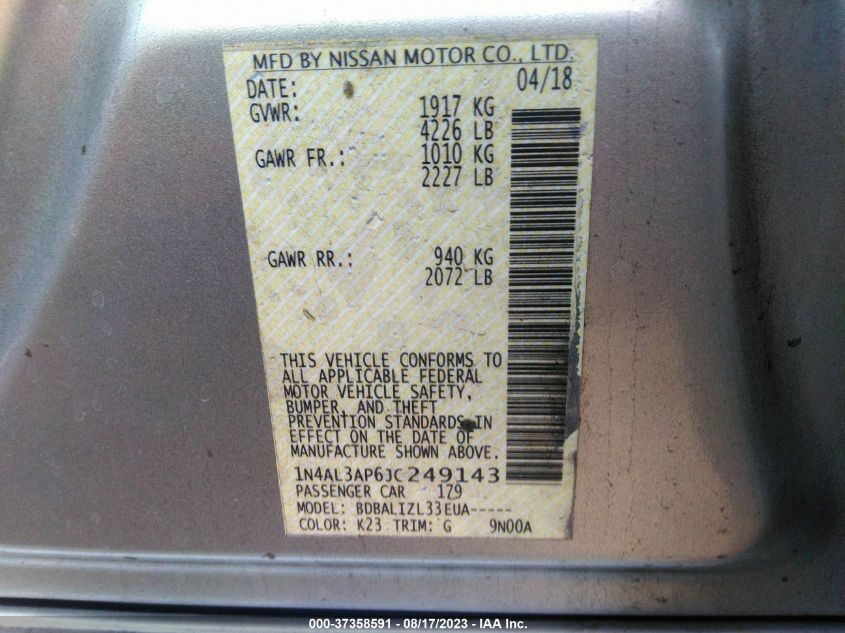 2018 NISSAN ALTIMA 2.5 SV - 1N4AL3AP6JC249143