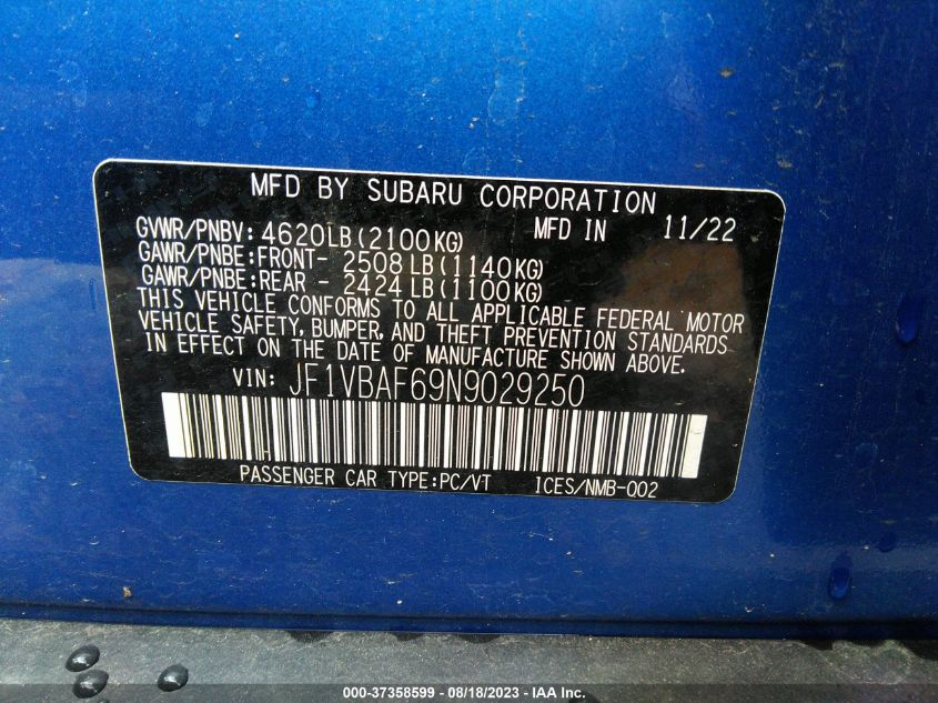 2022 SUBARU WRX PREMIUM - JF1VBAF69N9029250