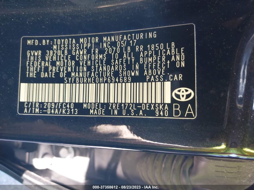 2017 TOYOTA COROLLA L/LE/XLE/SE/XSE - 5YFBURHE0HP694689