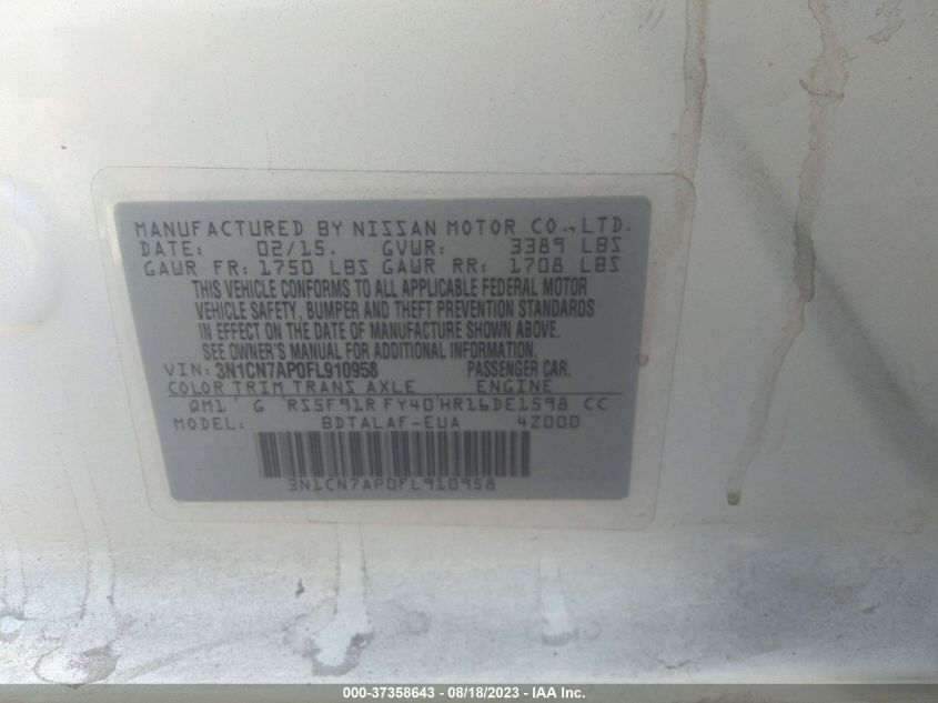 2015 NISSAN VERSA S - 3N1CN7AP0FL910958