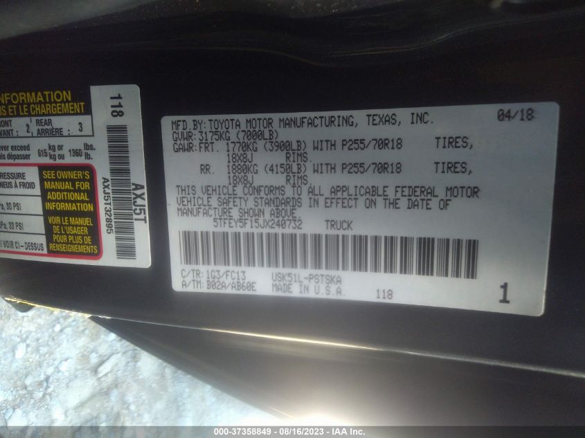 2018 TOYOTA TUNDRA 2WD SR5/LIMITED/PLATINUM 5TFEY5F15JX240732