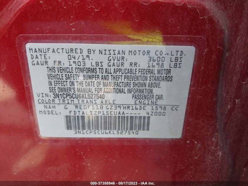 2019 NISSAN KICKS SV - 3N1CP5CU6KL527540