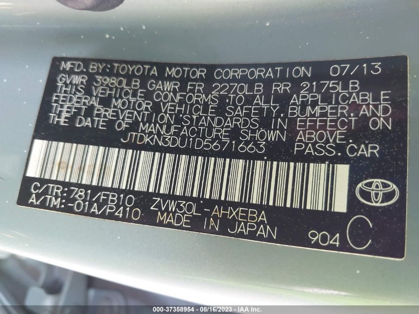 2013 TOYOTA PRIUS ONE/TWO/THREE/FOUR/FIVE - JTDKN3DU1D5671663