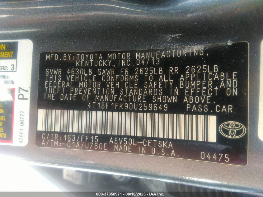 2013 TOYOTA CAMRY L/LE/SE/XLE - 4T1BF1FK9DU259649