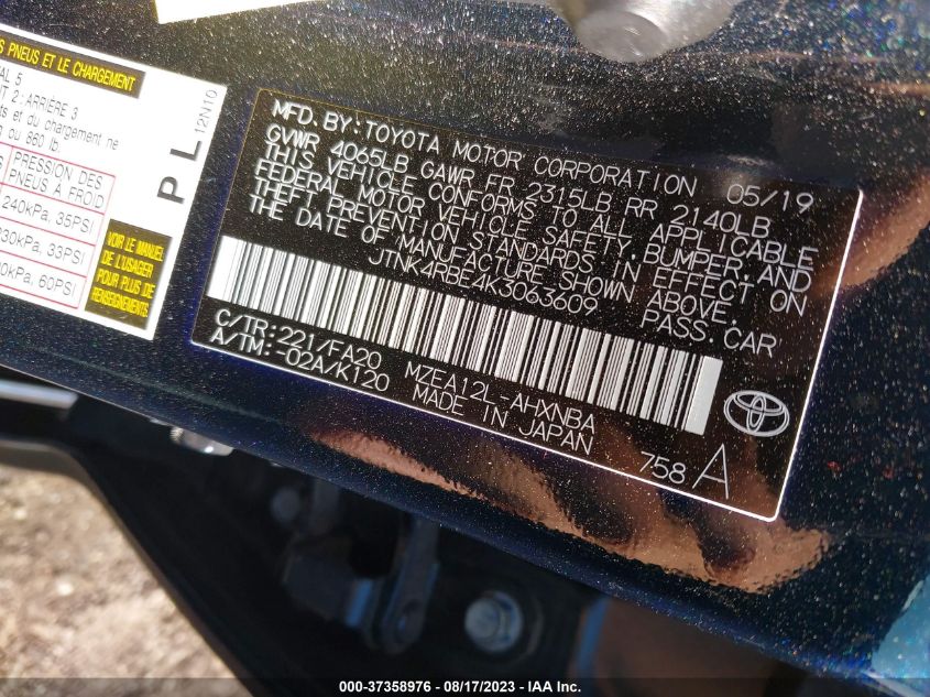 2019 TOYOTA COROLLA HATCHBACK SE/XSE JTNK4RBE4K3063609