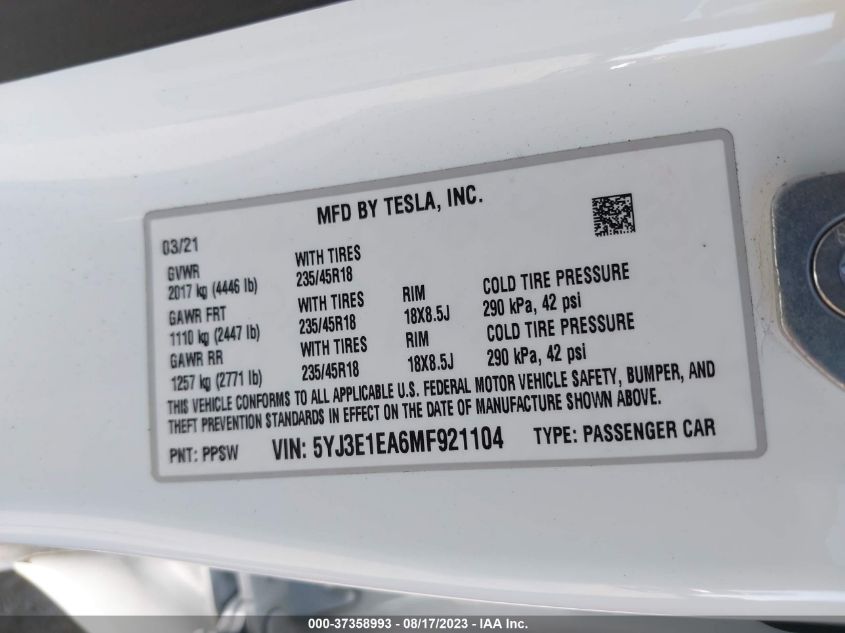 5YJ3E1EA6MF921104 Tesla Model 3 STANDARD RANGE PLUS 9