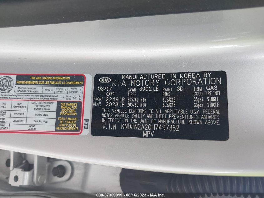 2017 KIA SOUL BASE - KNDJN2A20H7497362