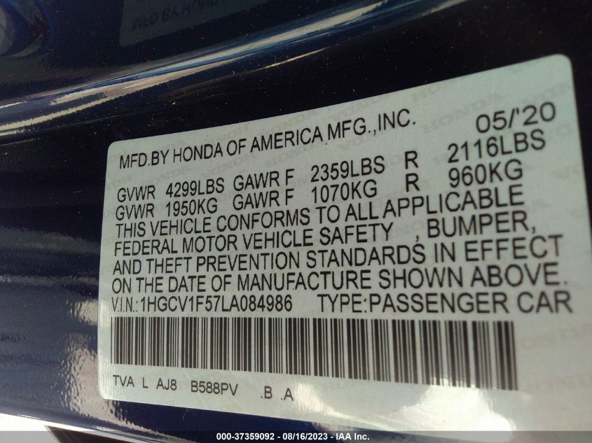 2020 HONDA ACCORD SEDAN EX-L - 1HGCV1F57LA084986