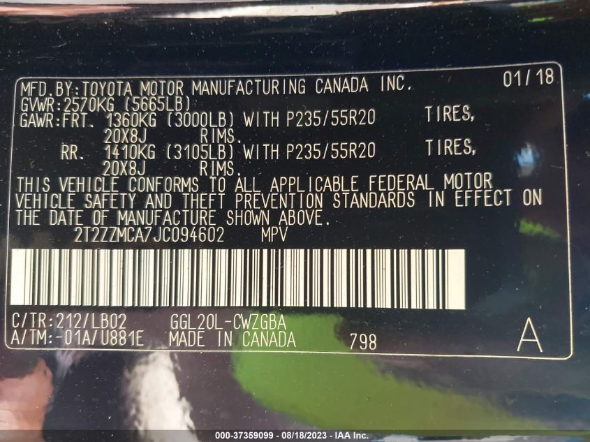 2018 LEXUS RX RX 350 - 2T2ZZMCA7JC094602