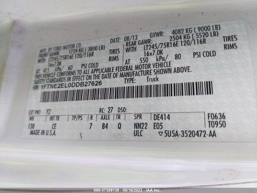 2013 FORD ECONOLINE CARGO VAN COMMERCIAL/RECREATIONAL 1FTNE2EL0DDB27626