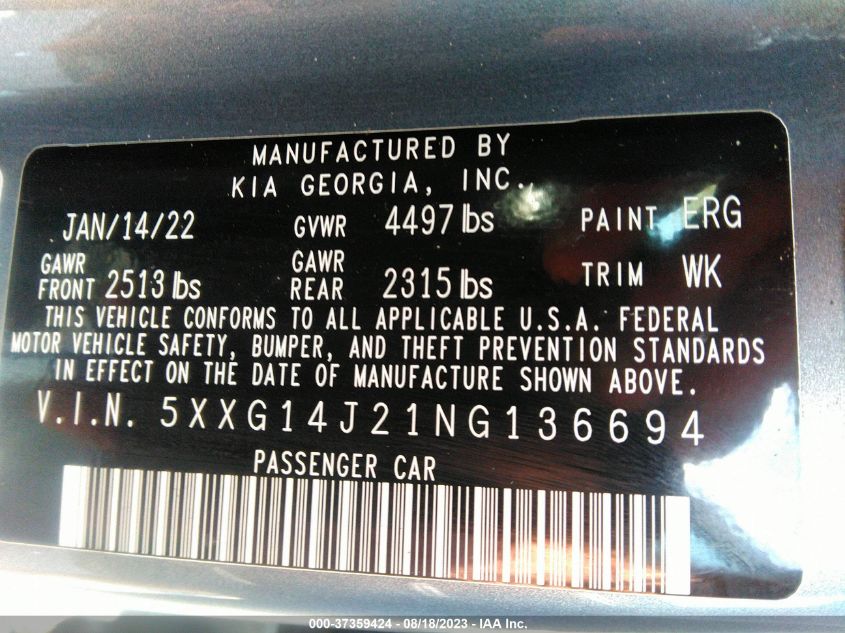 2022 KIA K5 LXS - 5XXG14J21NG136694