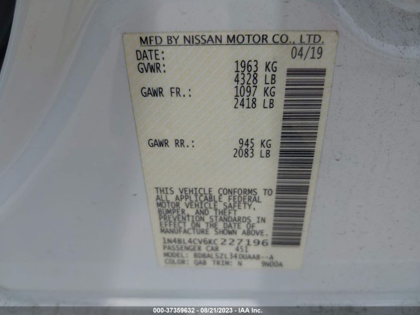 2019 NISSAN ALTIMA 2.5 SR - 1N4BL4CV6KC227196