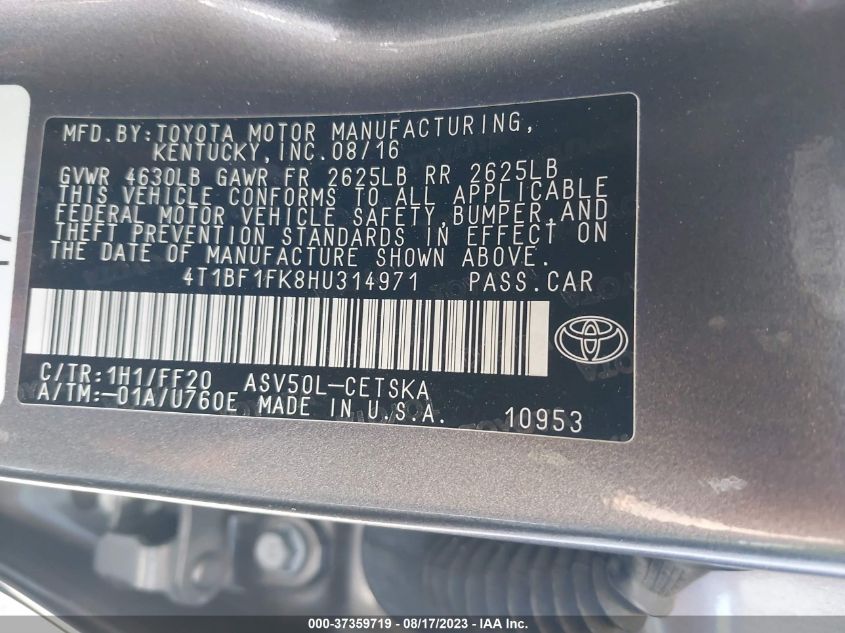 2017 TOYOTA CAMRY XLE/SE/LE/XSE - 4T1BF1FK8HU314971