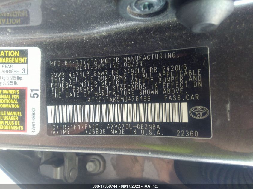 2021 TOYOTA CAMRY LE - 4T1C11AK5MU478196