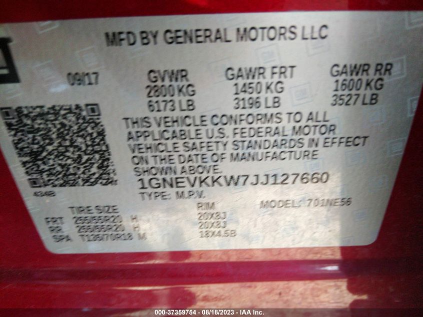 2018 CHEVROLET TRAVERSE HIGH COUNTRY - 1GNEVKKW7JJ127660