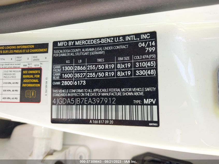 2014 MERCEDES-BENZ ML 350 4JGDA5JB7EA397912