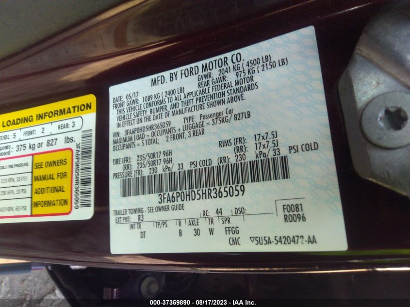 2017 FORD FUSION SE - 3FA6P0HD5HR365059