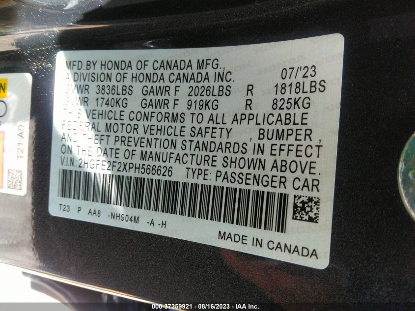 2HGFE2F2XPH566626 Honda Civic Sedan LX 9